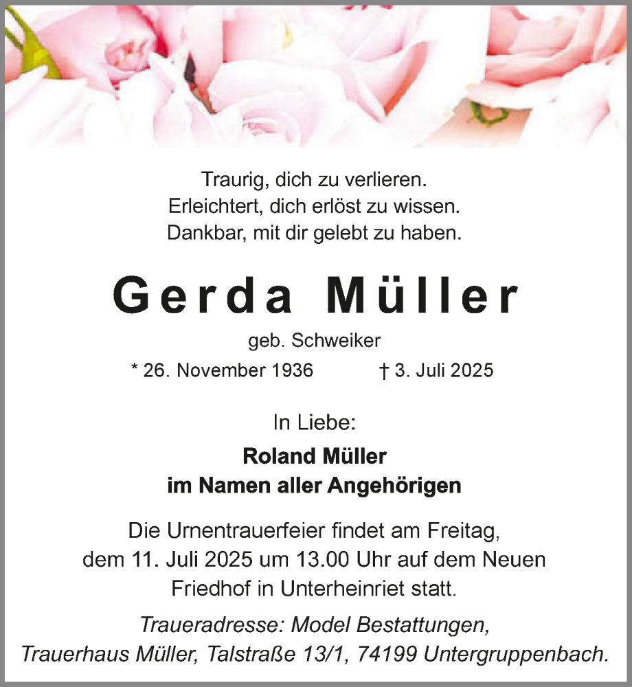  Traueranzeige für Gerda Müller vom 05.07.2025 aus GESAMT