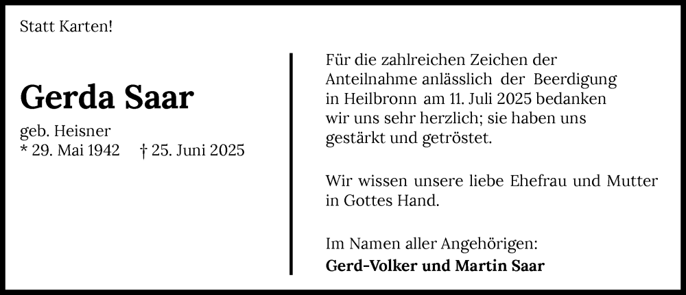 Traueranzeige für Gerda Saar vom 26.07.2025 aus GESAMT