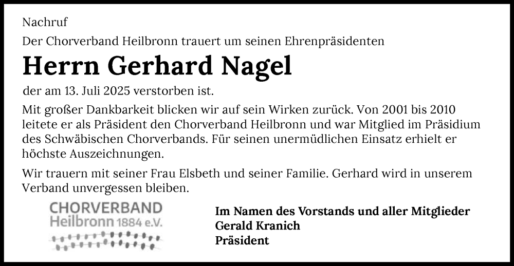  Traueranzeige für Gerhard Nagel vom 19.07.2025 aus GESAMT