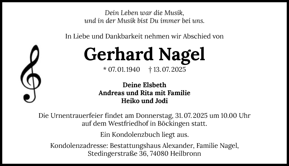  Traueranzeige für Gerhard Nagel vom 19.07.2025 aus GESAMT