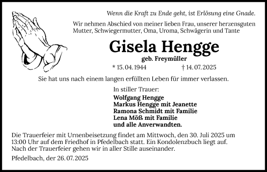 Traueranzeige von Gisela Hengge von GESAMT