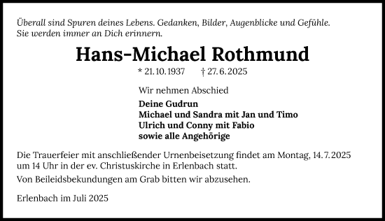 Traueranzeige von Hans-Michael Rothmund von GESAMT