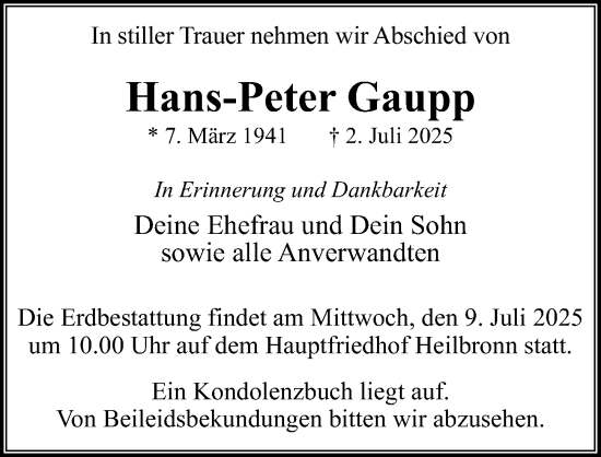 Traueranzeige von Hans-Peter Gaupp von GESAMT
