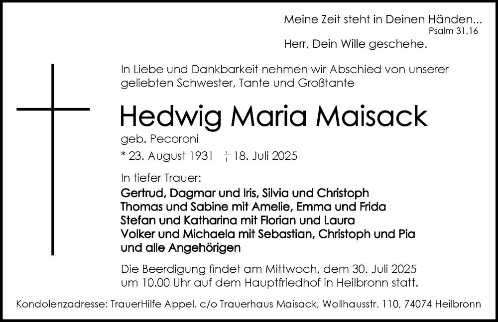  Traueranzeige für Hedwig Maria Maisack vom 26.07.2025 aus GESAMT
