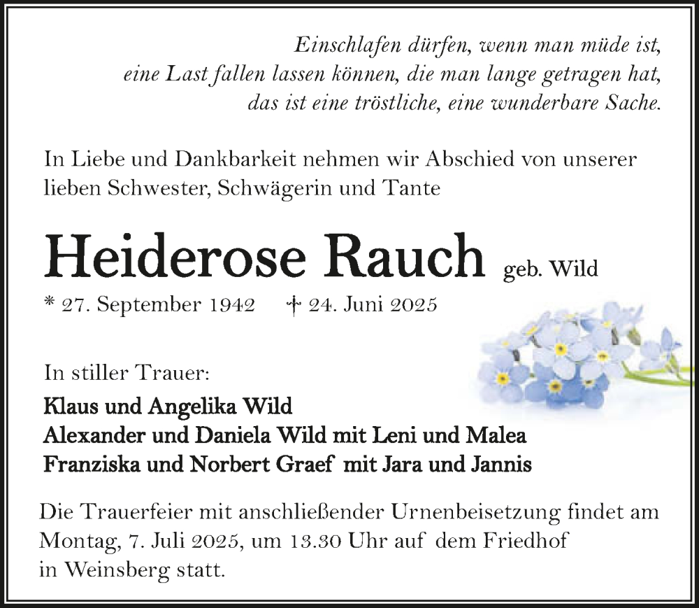  Traueranzeige für Heiderose Rauch vom 02.07.2025 aus GESAMT