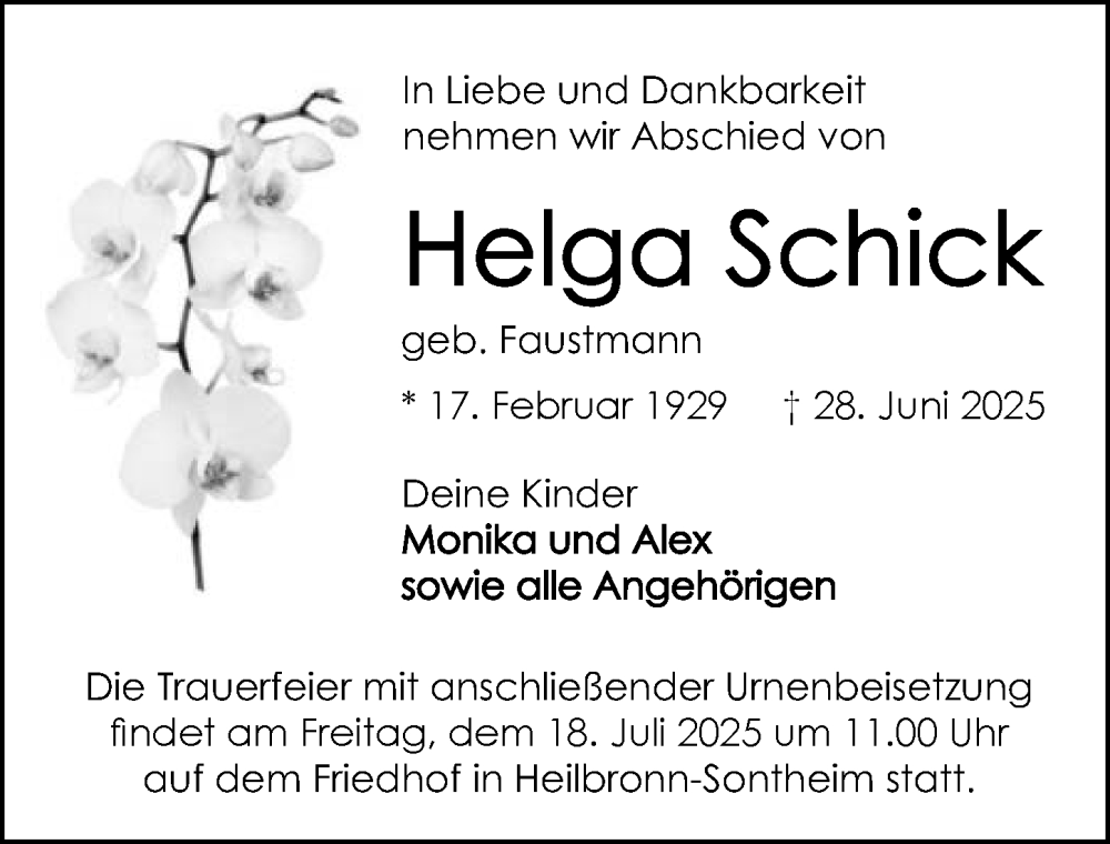  Traueranzeige für Helga Schick vom 12.07.2025 aus GESAMT