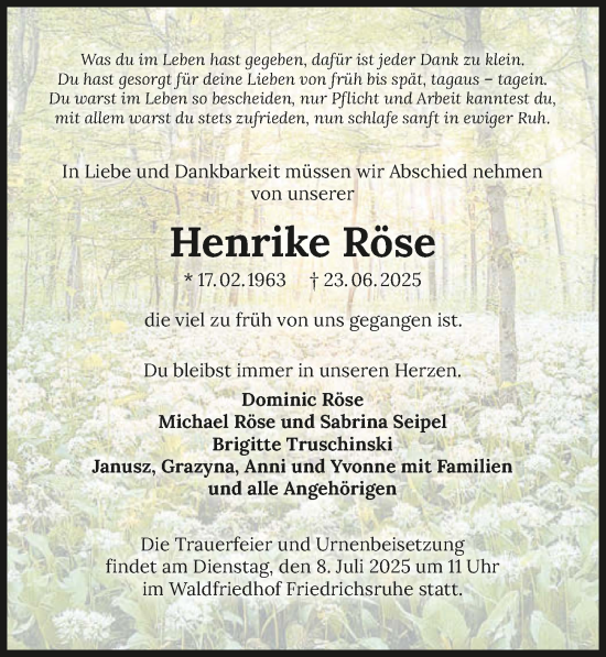 Traueranzeige von Henrike Röse von GESAMT
