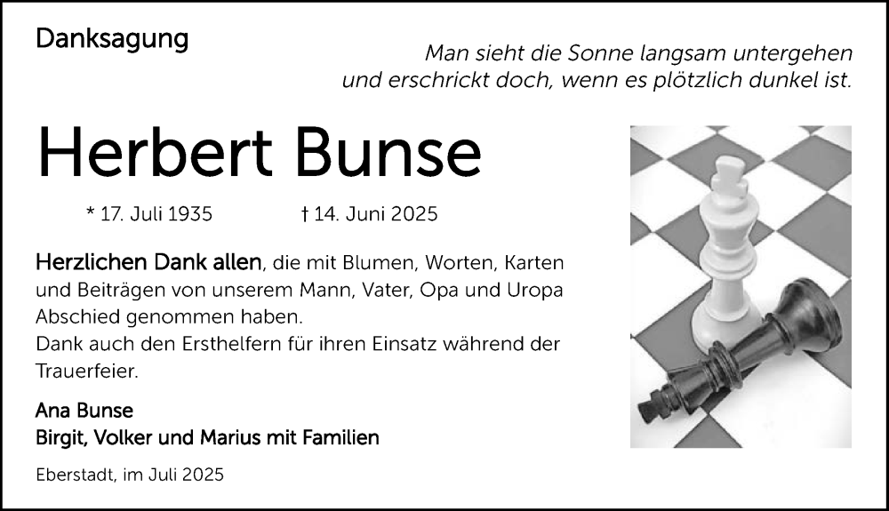  Traueranzeige für Herbert Bunse vom 12.07.2025 aus GESAMT