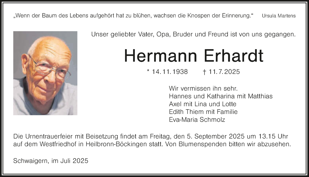  Traueranzeige für Hermann Erhardt vom 26.07.2025 aus GESAMT