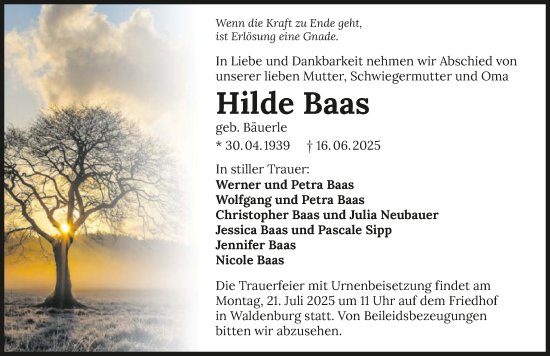 Traueranzeige von Hilde Baas von GESAMT