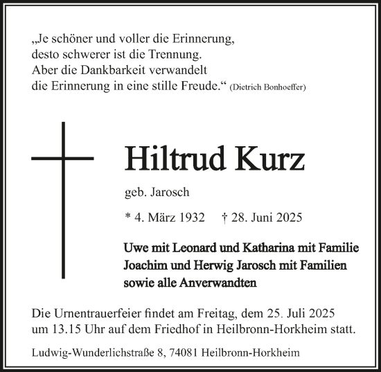 Traueranzeige von Hiltrud Kurz von GESAMT