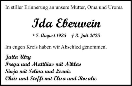Traueranzeige von Ida Eberwein von GESAMT