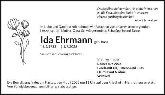 Traueranzeige von Ida Ehrmann von GESAMT