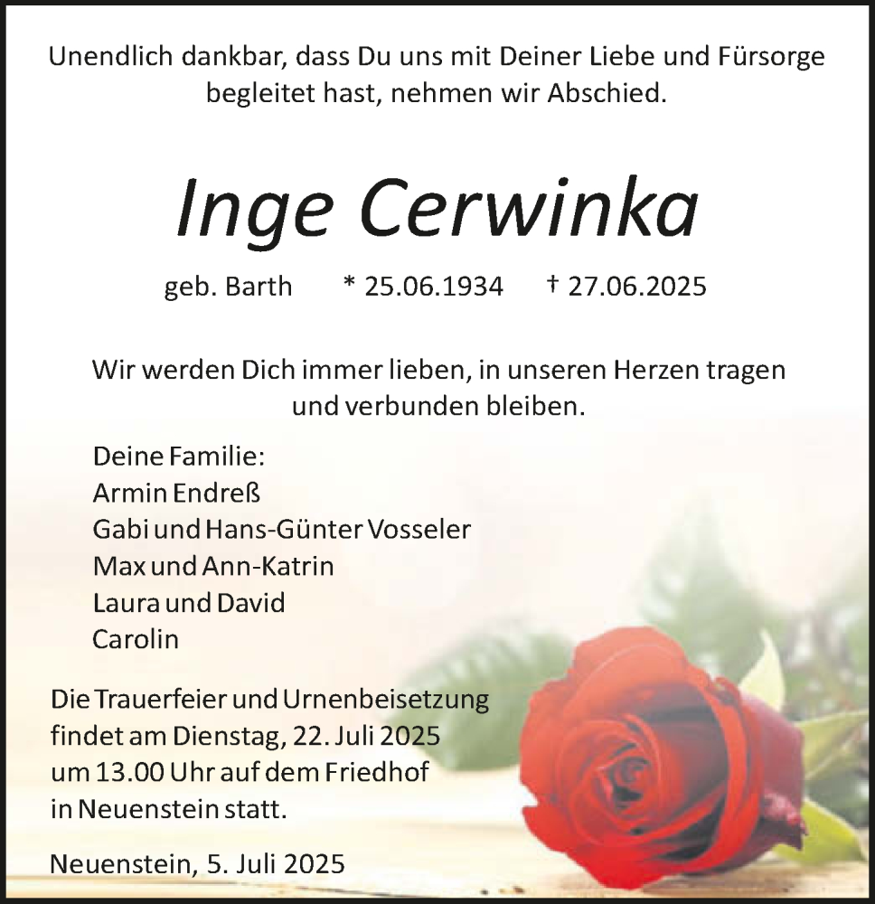  Traueranzeige für Inge Cerwinka vom 05.07.2025 aus GESAMT