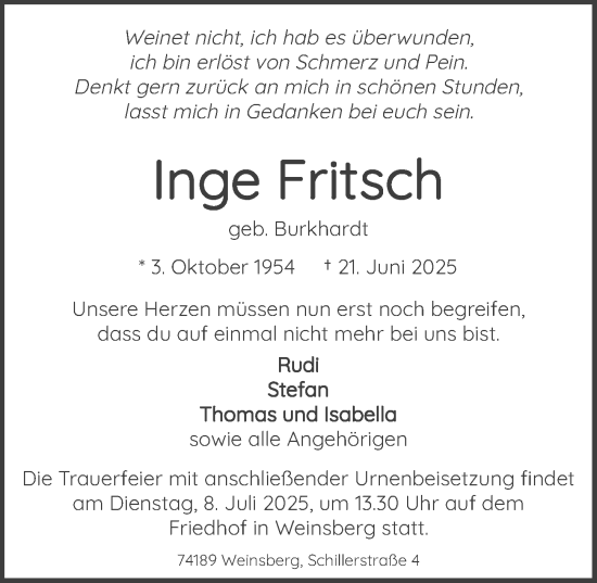 Traueranzeige von Inge Fritsch von GESAMT