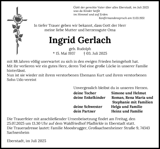 Traueranzeige von Ingrid Gerlach von GESAMT