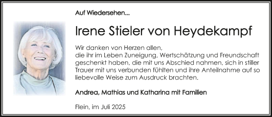 Traueranzeige von Irene Stieler von Heydekampf von GESAMT