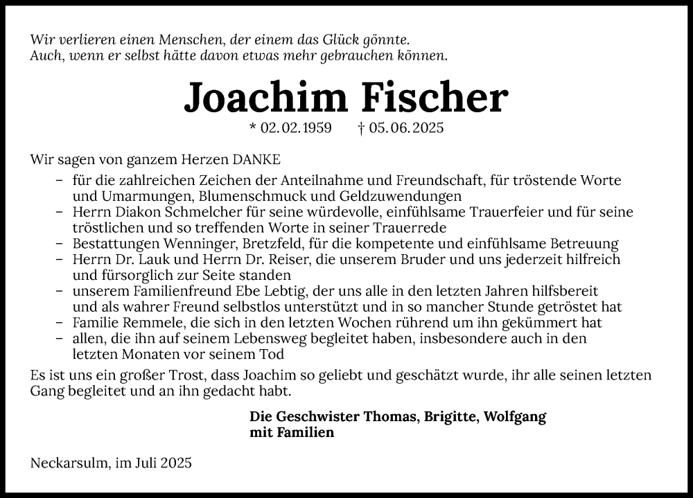  Traueranzeige für Joachim Fischer vom 05.07.2025 aus GESAMT