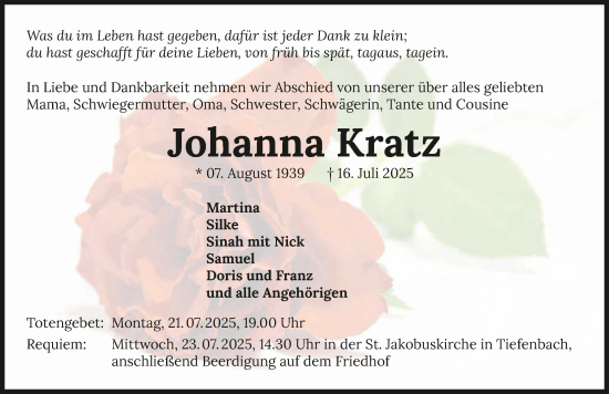 Traueranzeige von Johanna Kratz von GESAMT