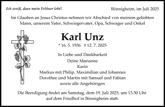 Traueranzeige von Karl Unz von GESAMT