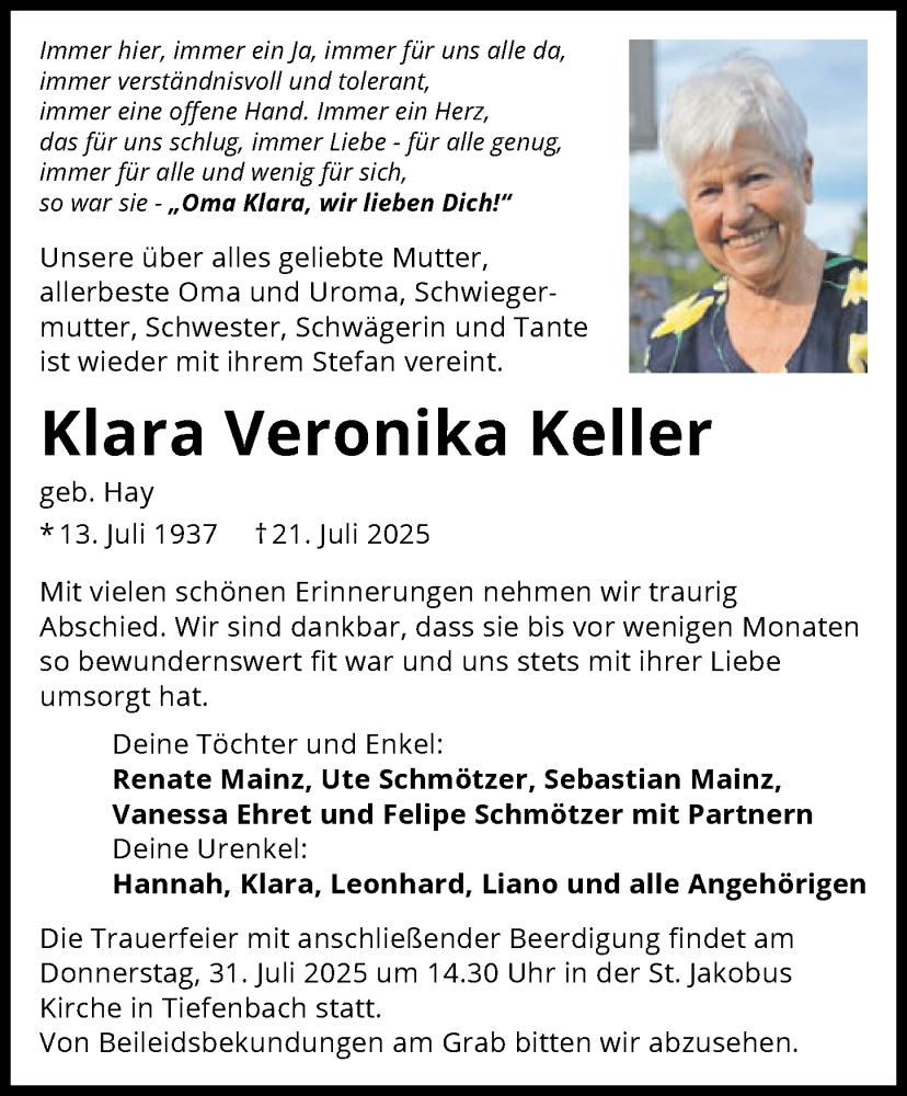  Traueranzeige für Klara Veronika Keller vom 26.07.2025 aus GESAMT