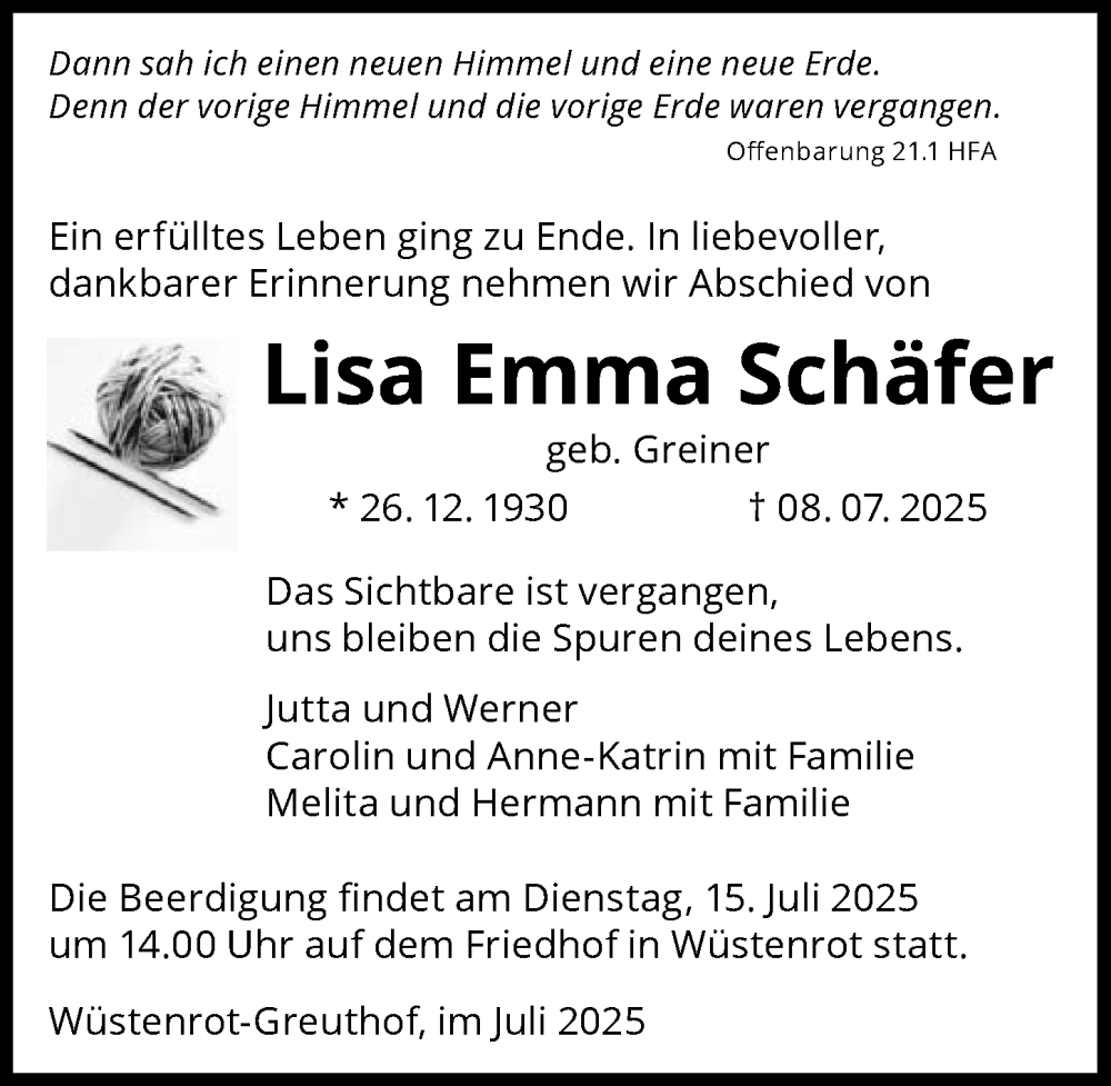  Traueranzeige für Lisa Emma Schäfer vom 12.07.2025 aus GESAMT
