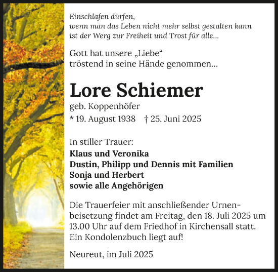 Traueranzeige von Lore Schiemer von GESAMT