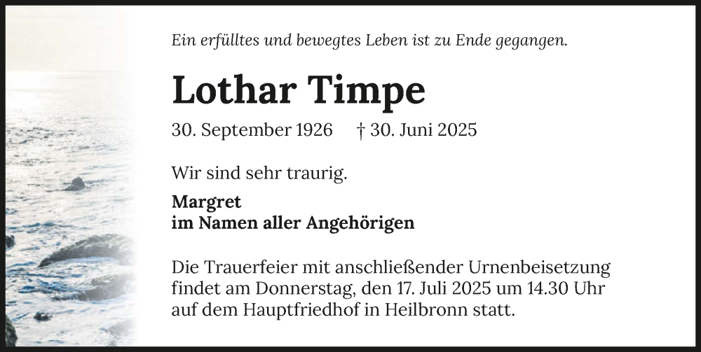 Traueranzeige für Lothar Timpe vom 12.07.2025 aus GESAMT