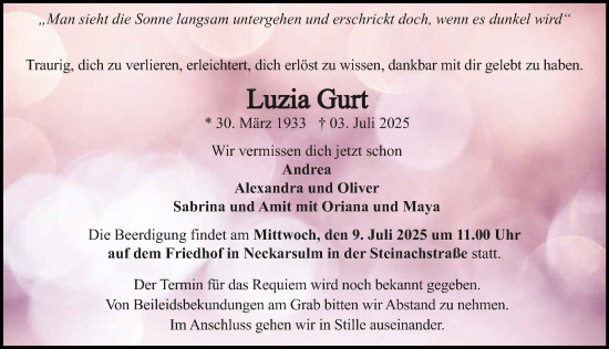 Traueranzeige von Luzia Gurt von GESAMT