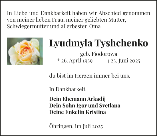 Traueranzeige von Lyudmyla Tyshchenko von GESAMT