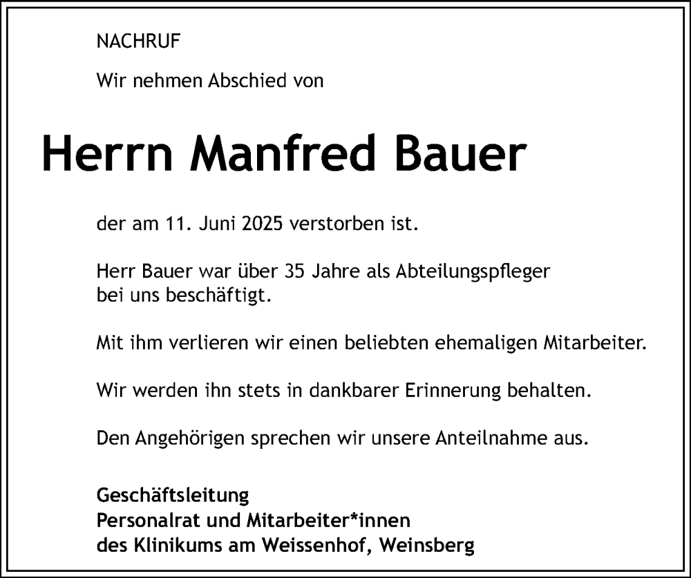  Traueranzeige für Manfred Bauer vom 03.07.2025 aus GESAMT