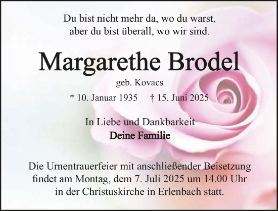 Traueranzeige von Margarethe Brodel von GESAMT