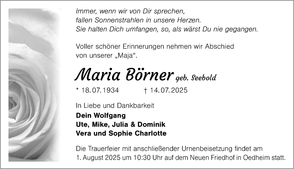  Traueranzeige für Maria Börner vom 19.07.2025 aus GESAMT