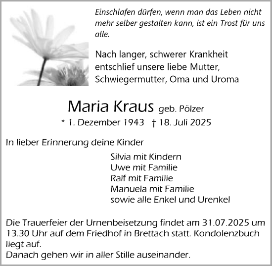 Traueranzeige von Maria Kraus von GESAMT