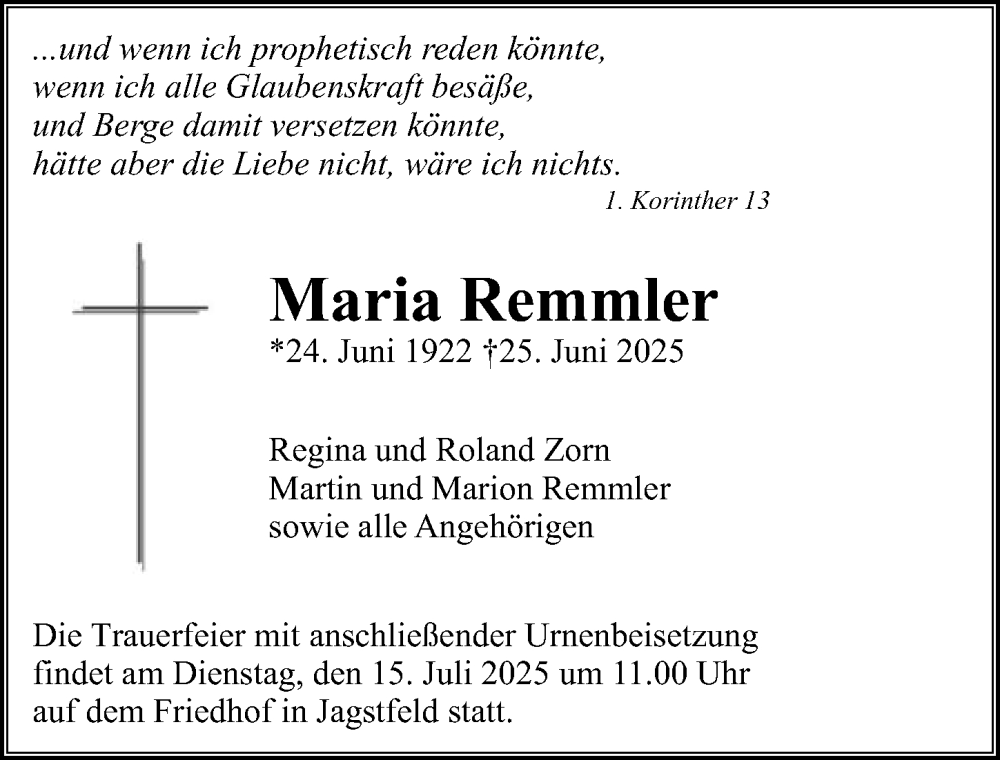  Traueranzeige für Maria Remmler vom 05.07.2025 aus GESAMT