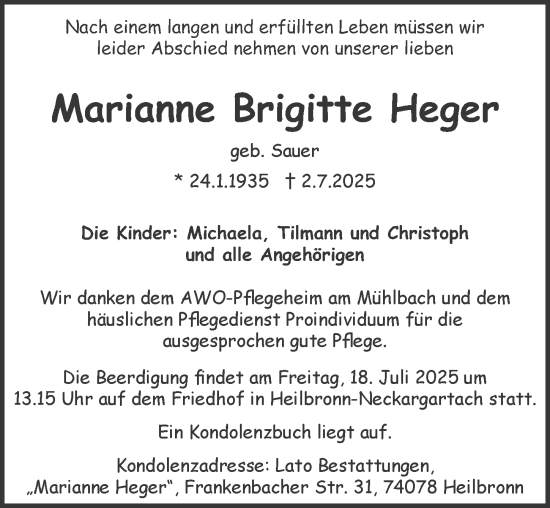 Traueranzeige von Marianne Brigitte Heger von GESAMT