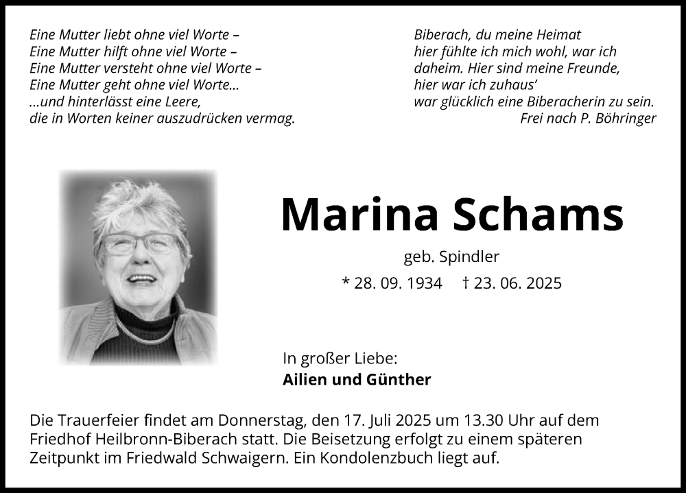  Traueranzeige für Marina Schams vom 12.07.2025 aus GESAMT