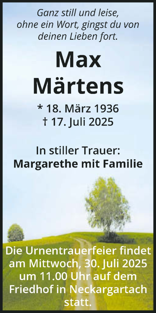  Traueranzeige für Max Märtens vom 26.07.2025 aus GESAMT