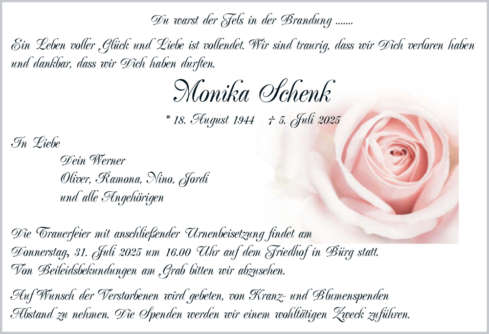  Traueranzeige für Monika Schenk vom 26.07.2025 aus GESAMT
