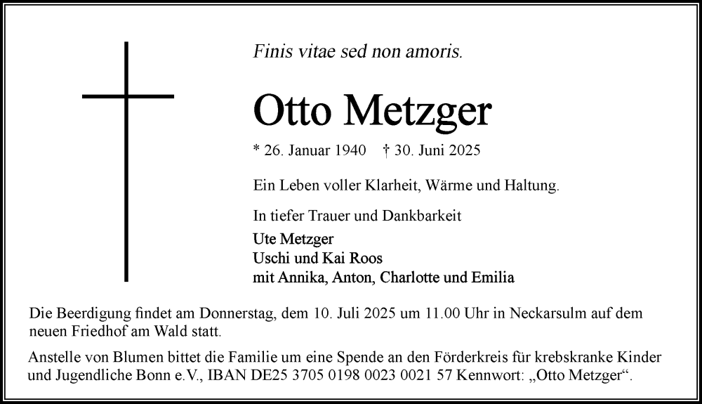  Traueranzeige für Otto Metzger vom 05.07.2025 aus GESAMT