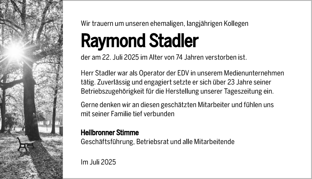  Traueranzeige für Raymond Stadler vom 26.07.2025 aus GESAMT