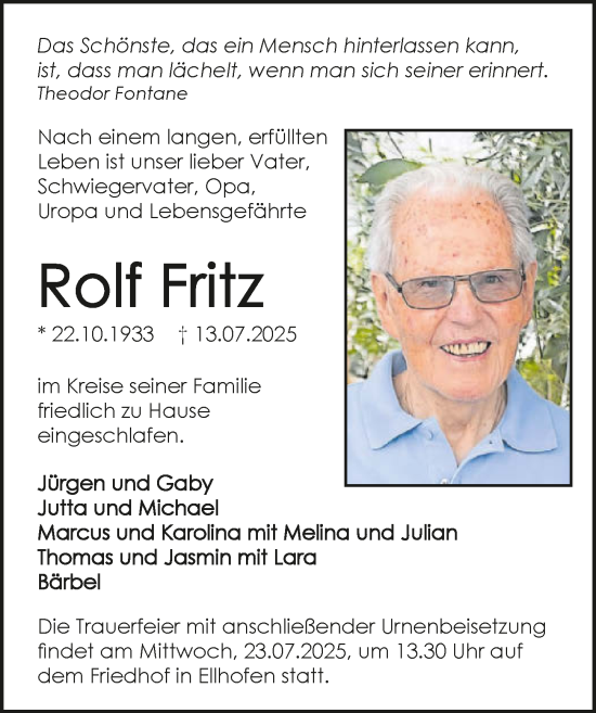 Traueranzeige von Rolf Fritz von GESAMT