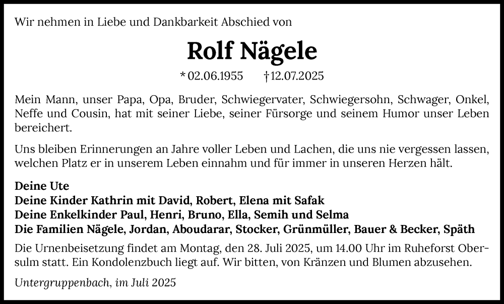  Traueranzeige für Rolf Nägele vom 23.07.2025 aus GESAMT