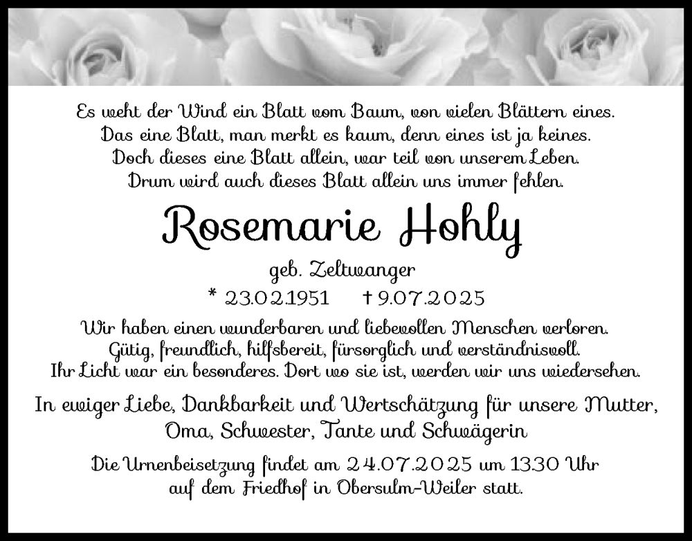  Traueranzeige für Rosemarie Hohly vom 19.07.2025 aus GESAMT