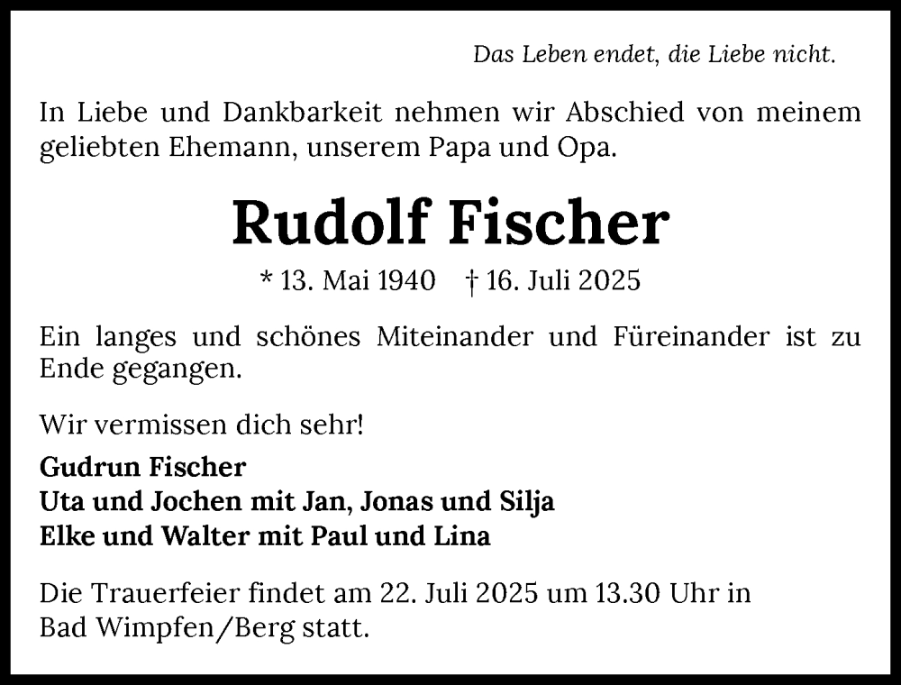  Traueranzeige für Rudolf Fischer vom 18.07.2025 aus GESAMT