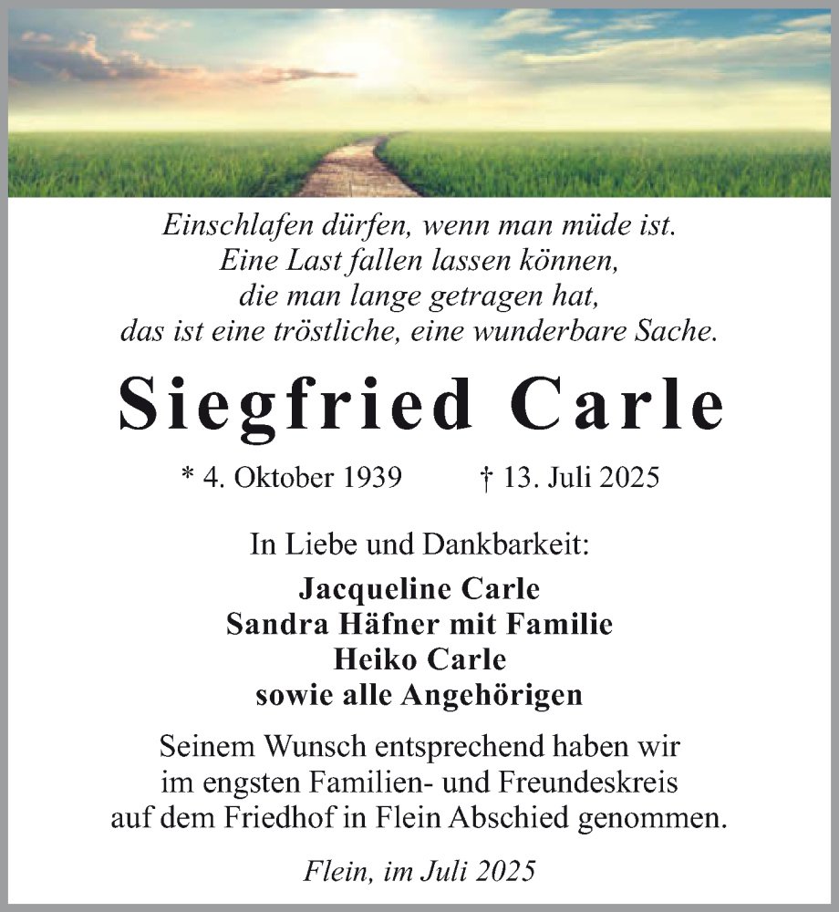  Traueranzeige für Siegfried Carle vom 26.07.2025 aus GESAMT