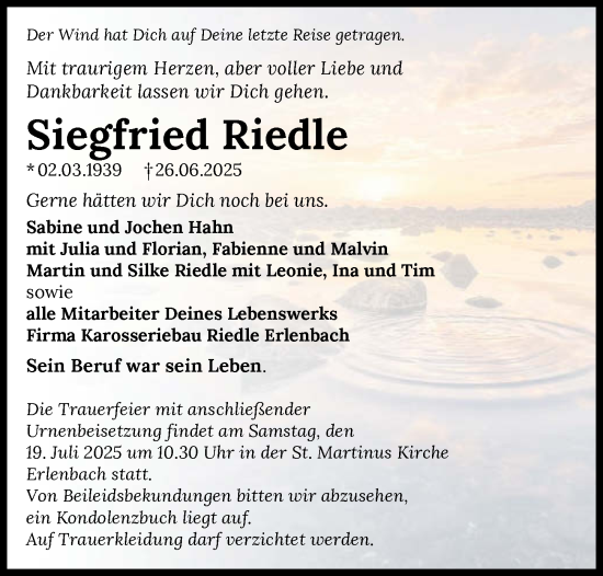 Traueranzeige von Siegfried Riedle von GESAMT