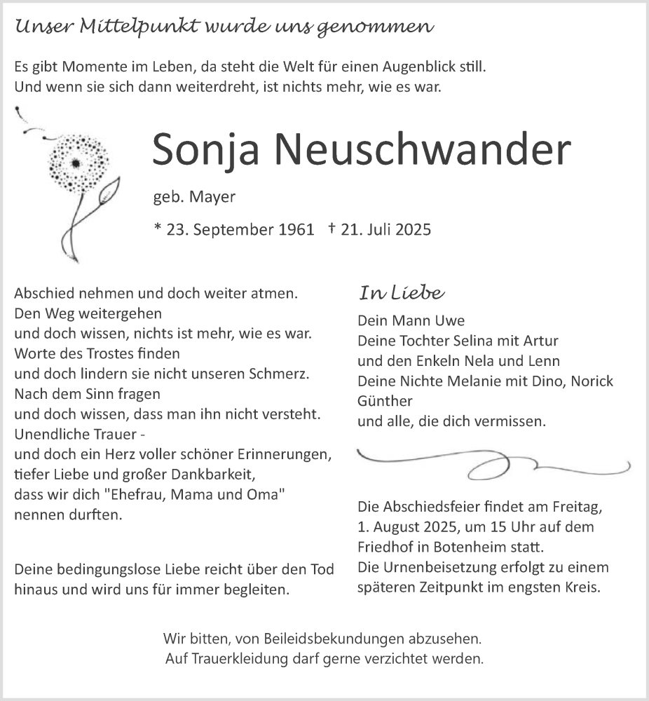  Traueranzeige für Sonja Neuschwander vom 30.07.2025 aus GESAMT