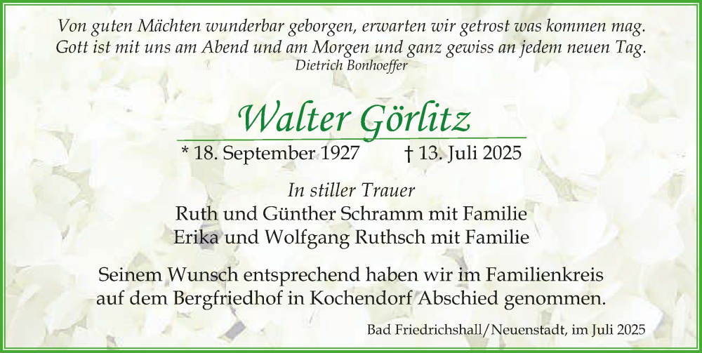  Traueranzeige für Walter Görlitz vom 26.07.2025 aus GESAMT