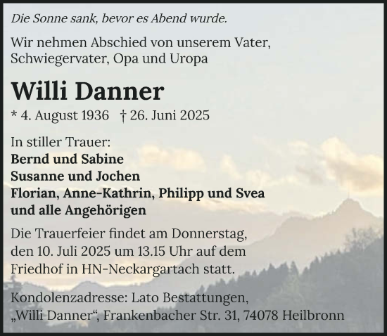 Traueranzeige von Willi Danner von GESAMT